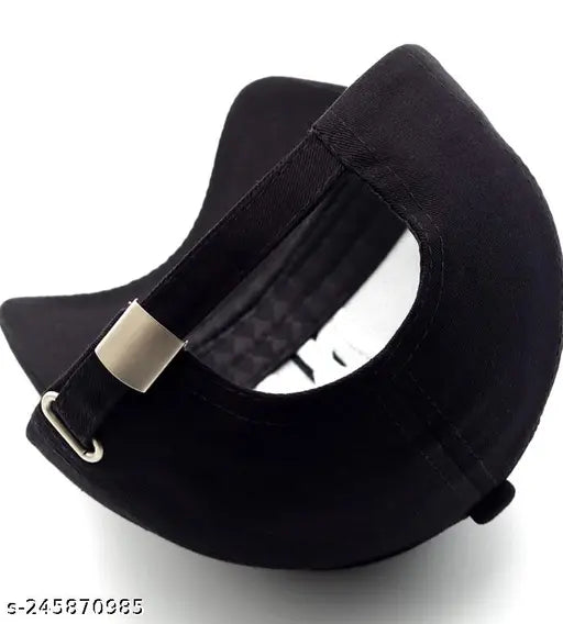 Adjustable black cotton modern baseball cap, trending style N-Y design for men & women, featuring a buckle strap closure