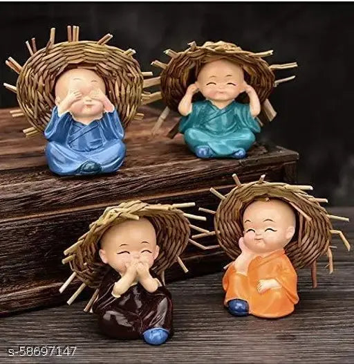 Four handcrafted Buddha figurines for car dashboard, Indian-origin decorative items