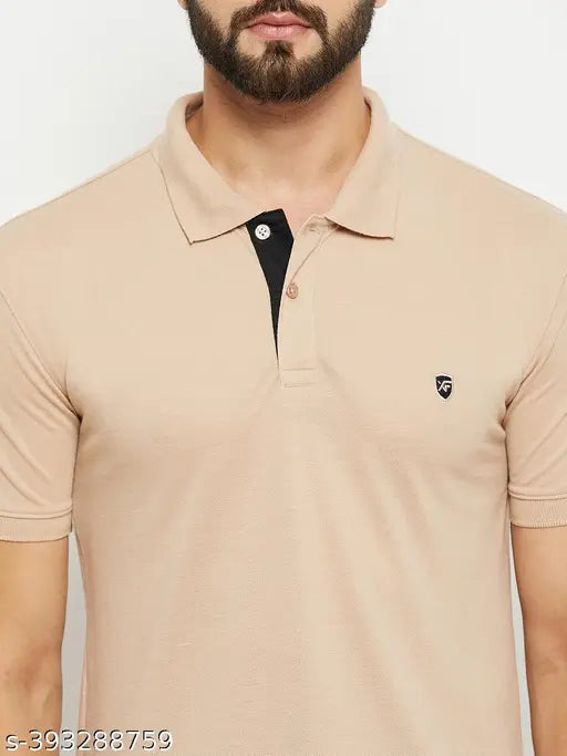 Beige cotton-blend polo collar t-shirt for men with chest embroidered logo, made in India