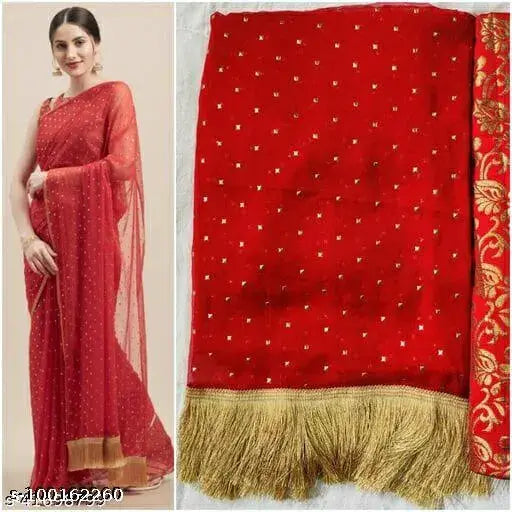 Crush Chiffon red saree with blouse, jacquard pattern and tassels, free size, Indian-made for this season