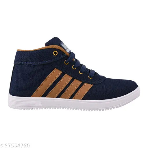 Dark navy blue sports shoes with white sole and gold trim