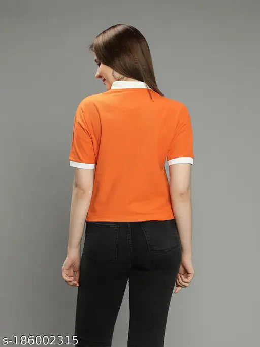 Orange cotton short-sleeve smart polo for women, perfect for work or casual wear from India