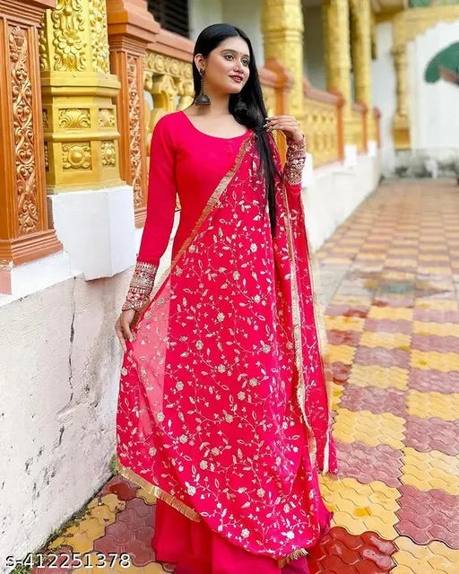 Georgette women's S embroidered gown set with pant & dupatta, solid color, size: 36-44 inches, Indian origin
