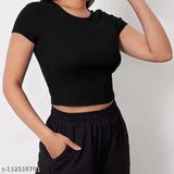 Black cotton blend crop top for women and girls, solid pattern, fashionable and elegant, manufactured by RIVAEM FASHION AND ACCESSORIES PRIVATE LIMITED