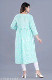 Blue, patterned, long-sleeve kameez dress with Alia cut