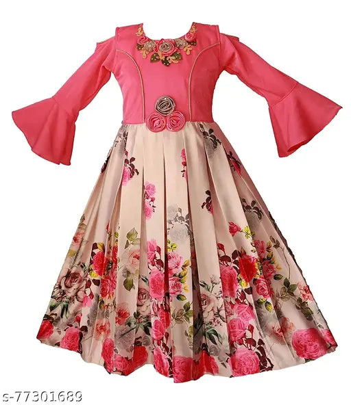 Pink satin frock dress for girls, single pack with printed net pattern, long sleeves, sizes range from 2-3 years to 9-10 years, Indian origin