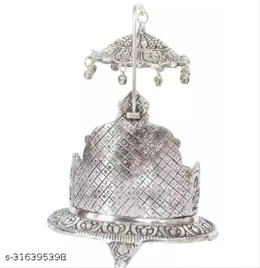White metal Chandrasan throne and matching umbrella, ornate design, temple decor item