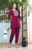 Maroon rayon cord set for women, three-quarter sleeves, Indian-made fashion accessory