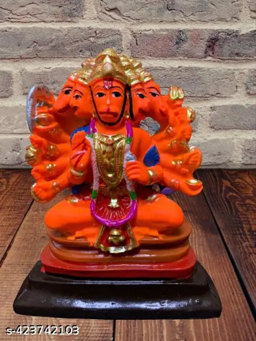 Handcrafted Indian Panch Mukhi Hanuman statue, seated in blessing posture with gada, suitable for home decor or temple dashboard