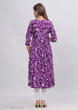 Purple rayon embroidered Anarkali Kurta for women, three-quarter sleeve print combo