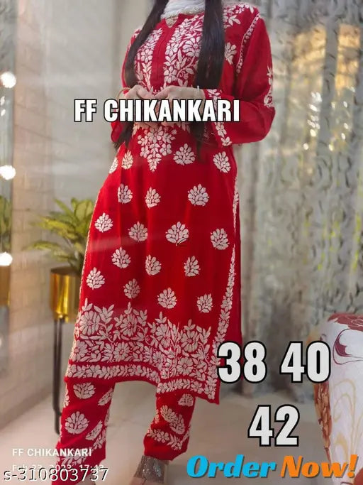 Elegant red chickenwork rayon kurti with plazzo, embroidered Indian designer casual ethnic party wear for women