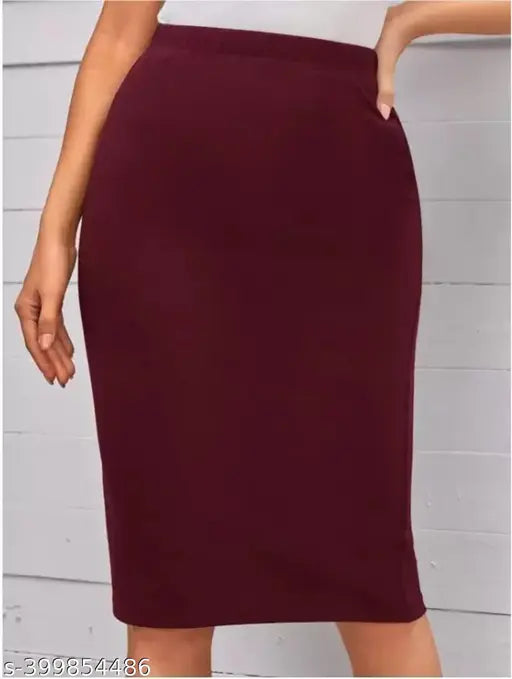 Maroon polyester pencil skirt for women, solid design from PRIME LOVE