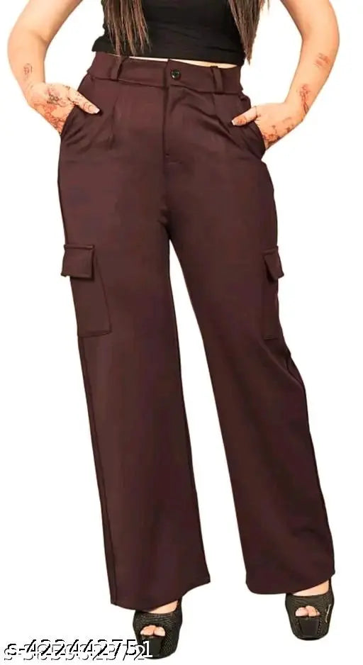Maroon high-rise cargo pants with slanted inset pocket, flap patch closure. Straight fit, stretchable, casual and formal wear option