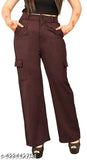 Maroon high-rise cargo pants with slanted inset pocket, flap patch closure. Straight fit, stretchable, casual and formal wear option
