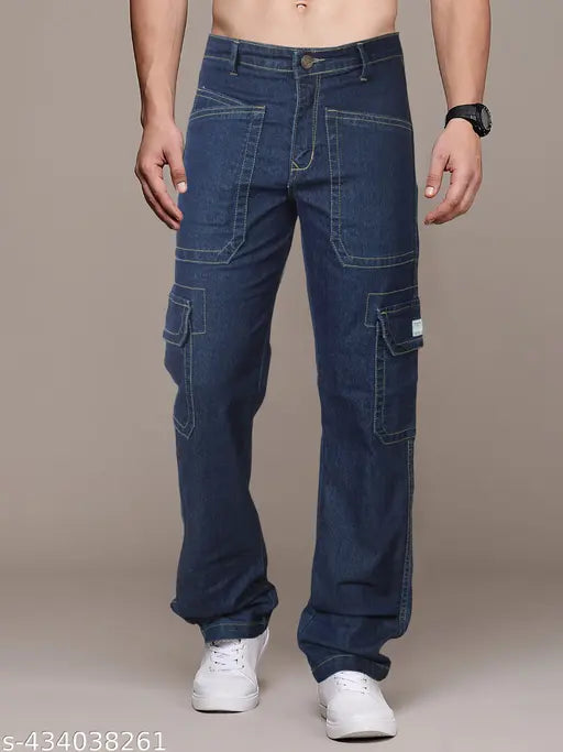 Dark blue cotton blend cargo jeans for men, Rigbone brand. Stylish and non-stretchable, perfect for parties. Sizes available: 28 (29W-34H-42L), 30 (31W-36H-42L), 32 (33W-38H-42L), 34 (35W-40H-42L), 36 (37W-42H-42L), 38 (39W-44H-44L). Made in India