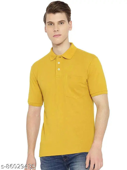 Yellow Chkokko Men's Solid Polo T-Shirt, polycotton, short sleeves, classic fit, chest pocket, button-down collar, India