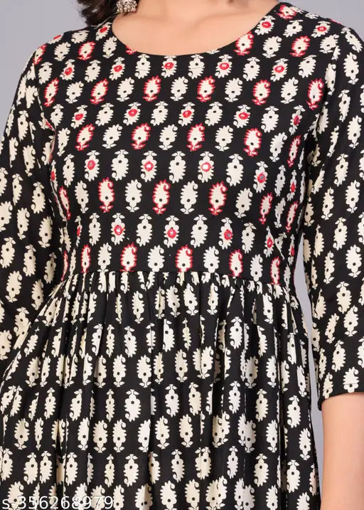 Black viscose rayon printed Naira cut kurta for women, floral pattern