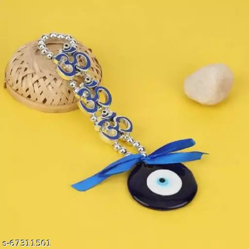 Blue & Silver VastuFeng Shui 3 Om Wall Hanging Evil Eye Protector for Home - Good luck charm, dispels negative energy, hung outside houses, India origin
