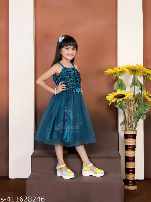 Blue satin dress, ruffled sleeves, black ribbon, girl's birthday party outfit