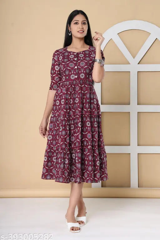 Cotton three-quarter sleeve floral print Anarkali kurta for women, single color Indian fashion