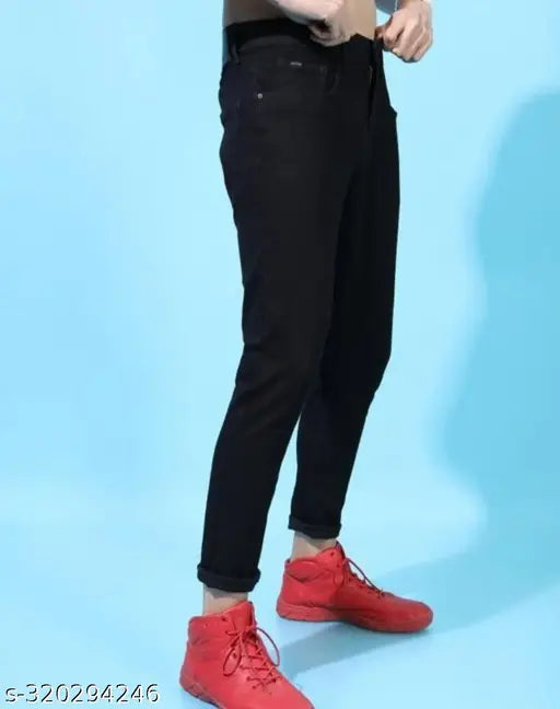 Black denim Flaying Men jeans, plain black style with standard men's sizing: 28/30/32 inches