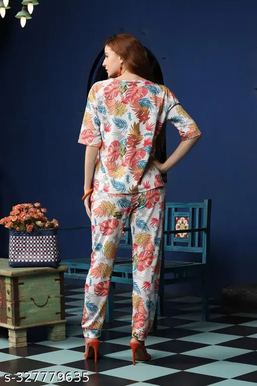 Women's botanical print polycotton nightsuit set (2pcs), ideal for lounge wear and sleepwear. Perfect for yoga or travel essentials. Classic nightwear for summer. Made in India