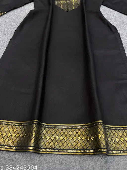 Slub cotton women's fully stitched three quarter-sleeve straight kurti with lace border