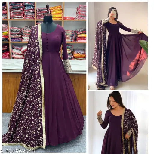 Georgette Anarkali gown with dupatta, solid-colored traditional Indian bridal wear