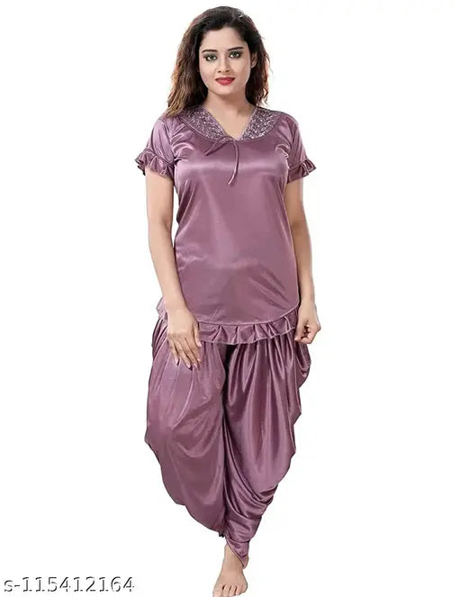 Free size Ankona women's satin dhoti set night suit, Indian traditional fashion with short sleeves and shiny satin fabric