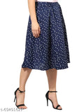 Navy blue polyester skirt with small dots and white floral print, mid calf length, women's wear