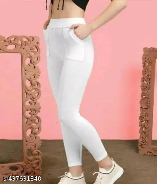 White cotton blend jeggings for women, recycled hosiery fabric with denim-like appearance