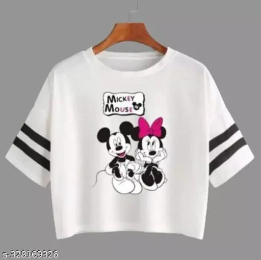 Cotton blend, printed net, P C White MM fashionable crop t-shirt for women and girls - India