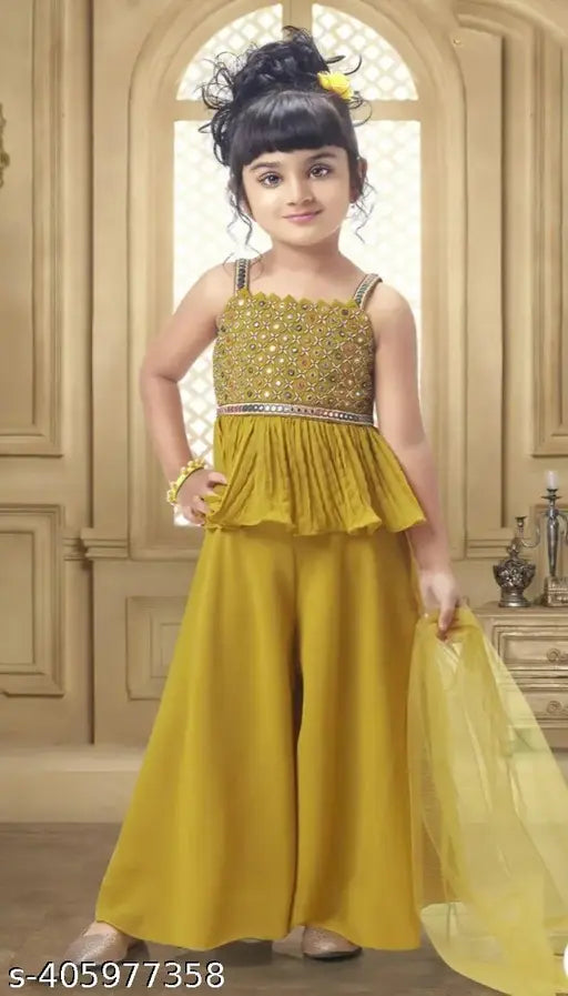 Georgette Sequinned Embroidered Festive Palazzo Kurta Dupatta Set for Girls - Indian ethnic wear with sleeveless, calf-length kurta and flared hemline