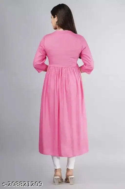 Pink embroidered rayon kurti for women, three-quarter sleeves, keyhole neck, flared hem - Indian party wear