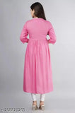 Pink embroidered rayon kurti for women, three-quarter sleeves, keyhole neck, flared hem - Indian party wear