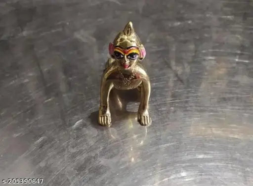 Blue-eyed brass Krishna idol, ornamental figurine measures 4cm x 6cm x 2cm, Indian artisan crafted