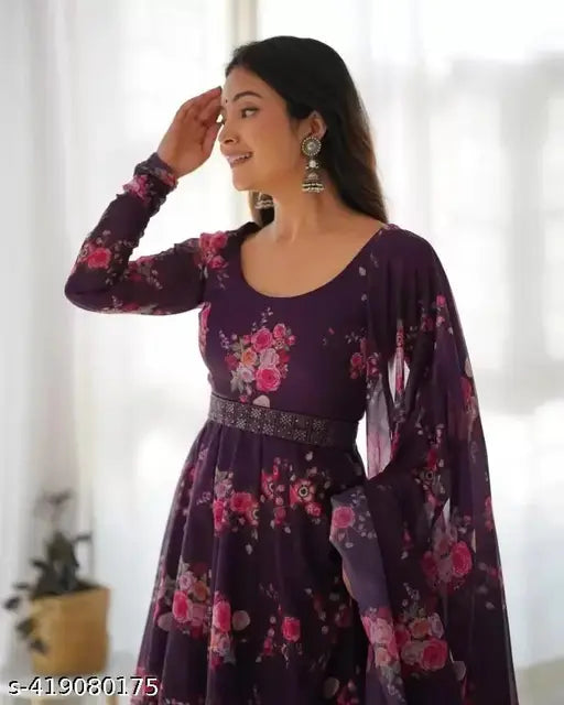 Indian printed gown with dupatta, long-sleeved Georgette dress for parties, weddings, festivals. Size options: S, M, L, XL, XXL