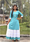 Embellished cotton blend kurta set for girls, trendy Indian attire in soft rayon material with straight top and skirt, suitable for ages 7-8 years to 13-14 years