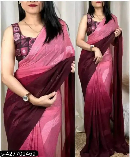 Georgette Women's Party/Wedding Saree with Running Blouse - Indian embellished saree for ladies, single piece in vibrant hues