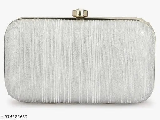 Gray glittery clutch with metallic accents, zip closure