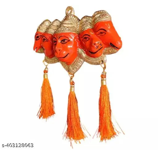Golden orange, metal Hanuman Idol for door entrance - NAC Panchmukhi statue with silk latakan, elevating spiritual ambiance in home decor