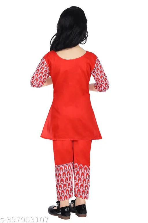 Red & Navy Blue Embroidered Cotton Blend Girls Kurta with Three-Quarter Sleeves, ideal for parties and occasions. Imported from India