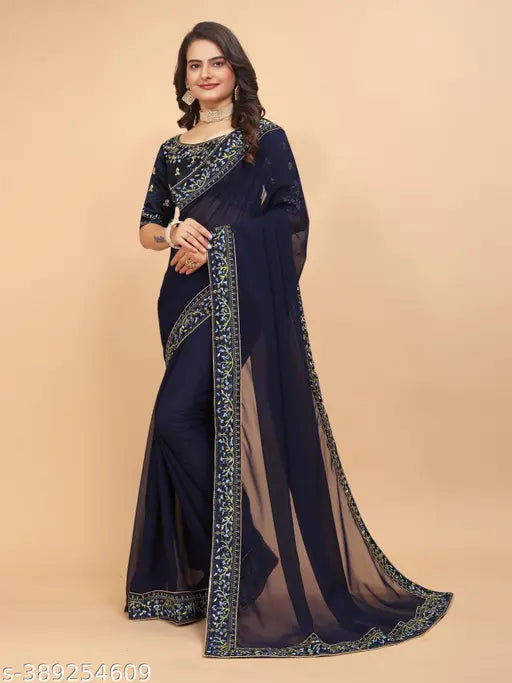 Dark blue georgette saree with intricate embroidery and matching blouse