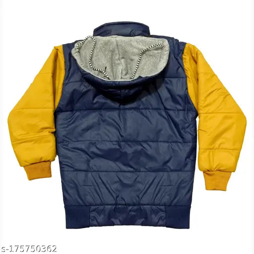 Polyester hooded jacket, yellow and blue colorblocking, elasticated cuffs and hem
