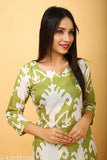 Trendy abstract print kora muslin kurta pant coord set, three-quarter sleeves, Indian ethnics stitched co-ord for daily wear and office wear
