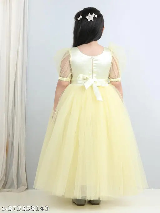 Lemon yellow net party dress for kids, full length with short sleeves and toy balloon print