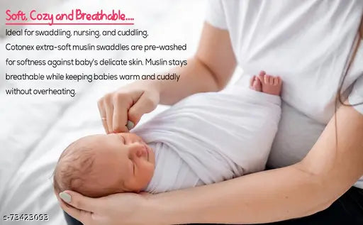 Soft muslin swaddle blanket, white, breathable for baby, gentle and cozy.