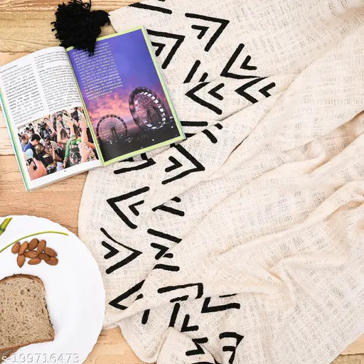 White cotton throw blanket 150cm x 125cm for sofa bed or couch, boho style, breathable material