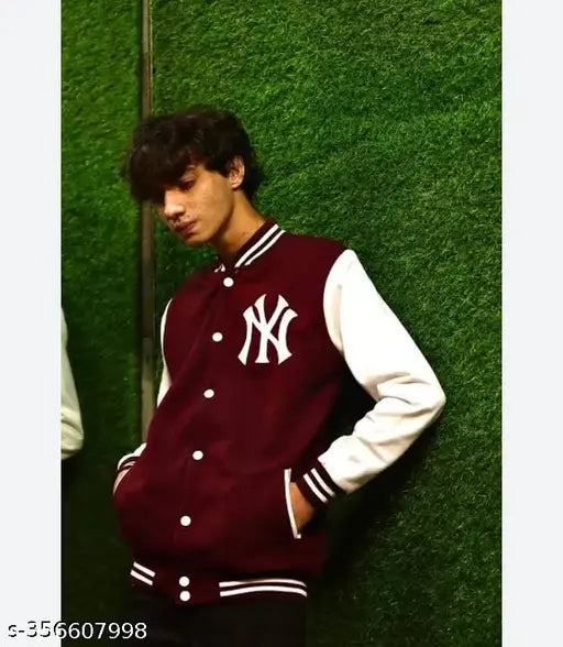 Maroon winter jacket for boys, varsity style with zipper