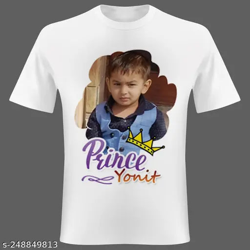 Personalized white polyester T-shirt with printed photo, high-resolution image required for personalization. Made in India, polyester fabric